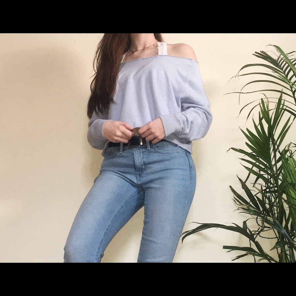Off the shoulder distressed cropped sweater